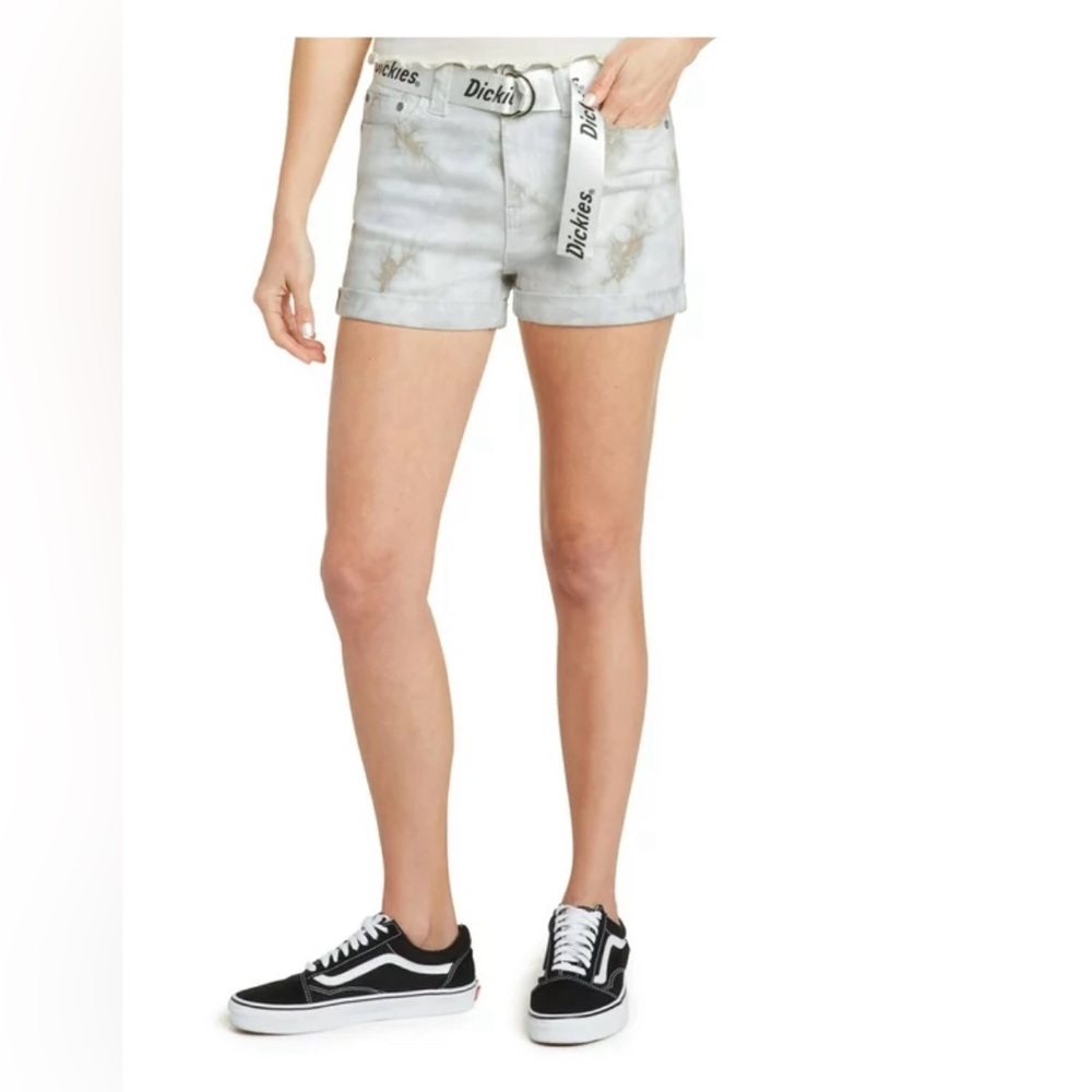 DICKIES Womens Beige Stretch Zippered Logo-print Belt Cuffed Shorts- Size 0/24
